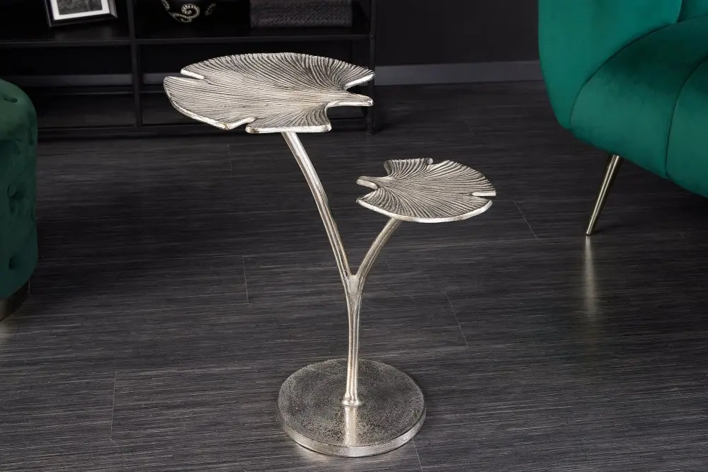Estila Art-deco stříbrný příruční stolek Ginko se dvěma deskami ve tvaru listu kovový 56cm
