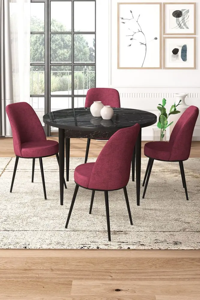 Dining Table & Chairs Set (5 Pieces) Tor - Black Marble, Burgundy