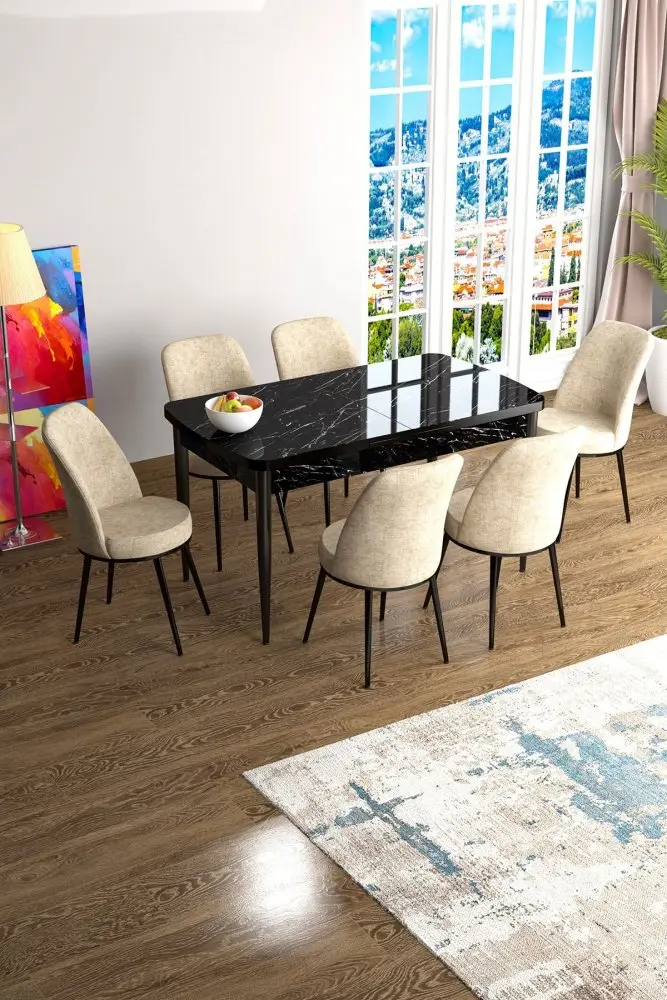 Extendable Dining Table & Chairs Set (7 Pieces) Han - Black Marble, Cream