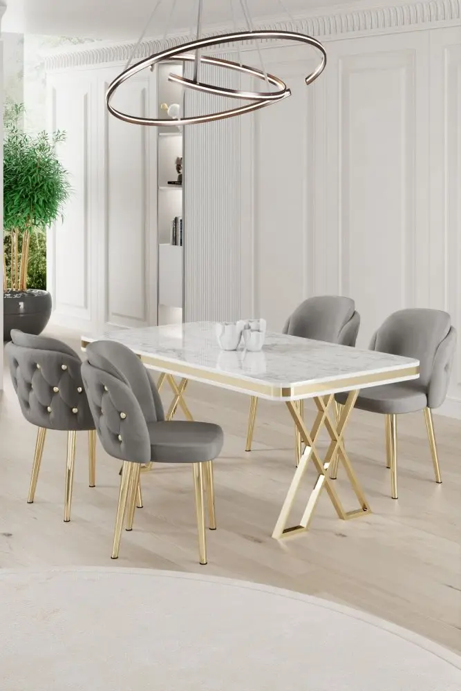 Dining Table & Chairs Set (5 Pieces) Rigel - White, Gold, Grey