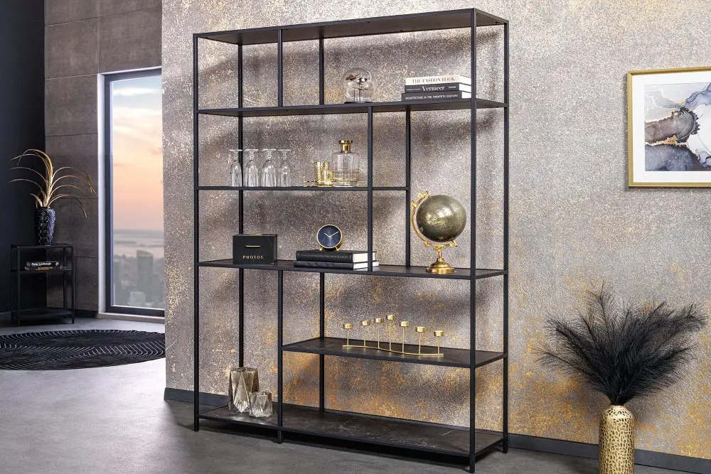 Estila Industriální regál Industria Marble s policemi s mramorovým designem v antracitové černé barvě 185 cm