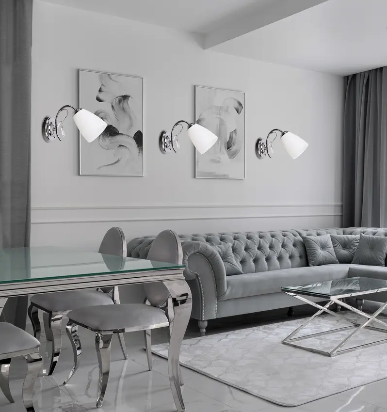 Chromová nástěnná lampa, bílé stínidlo, 40W E14, Ursella
