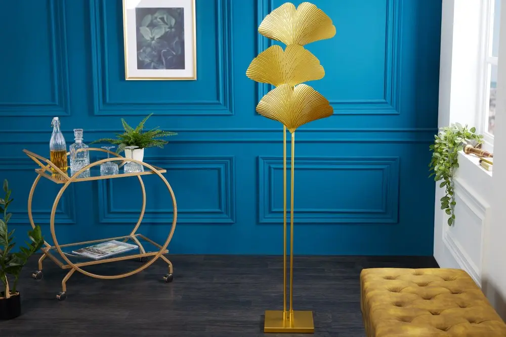 Estila Designová glamour stojací lampa Ginko zlaté barvy z kovu s ozdobnými listy jinanu 160cm