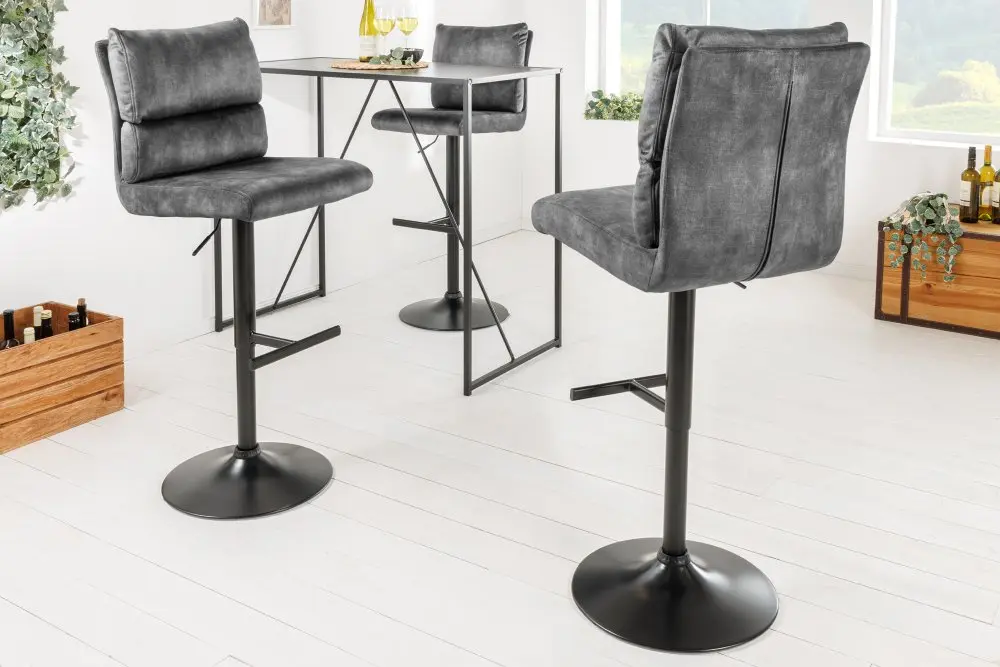 Estila Designová industriální barová otočná židle Zoe se sametovým potahem v šedé barvě 100-121 cm