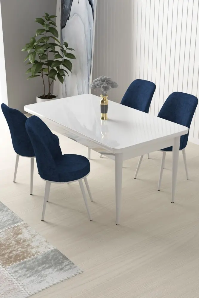 Dining Table & Chairs Set (5 Pieces) Nil - White, Navy Blue
