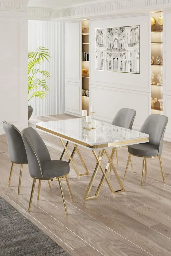 Dining Table & Chairs Set (5 Pieces) Vals - White, Gold, Grey