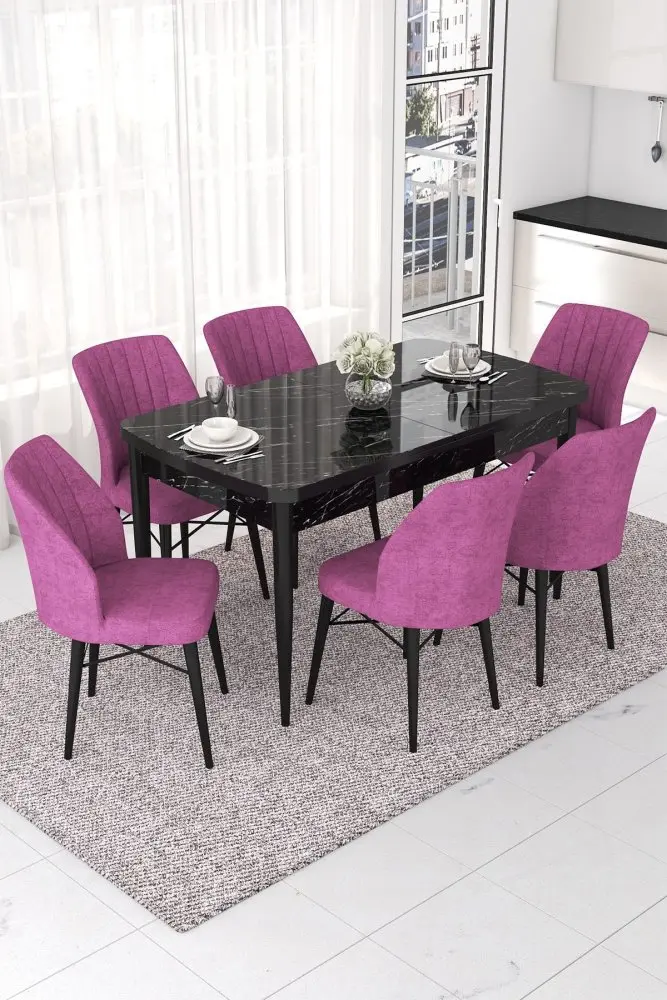 Extendable Dining Table & Chairs Set (7 Pieces) Nef - Black Marble, Purple