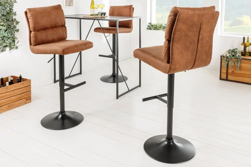 Estila Industriální designová barová výškově nastavitelná židle Kelsy v teplé hnědé barvě se sametovým potahem 100-121 cm