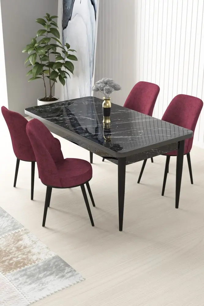Dining Table & Chairs Set (5 Pieces) Nil - Black Marble, Burgundy