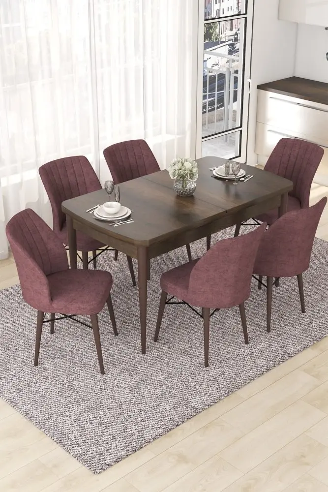 Extendable Dining Table & Chairs Set (7 Pieces) Nef - Baroque, Dusty Rose