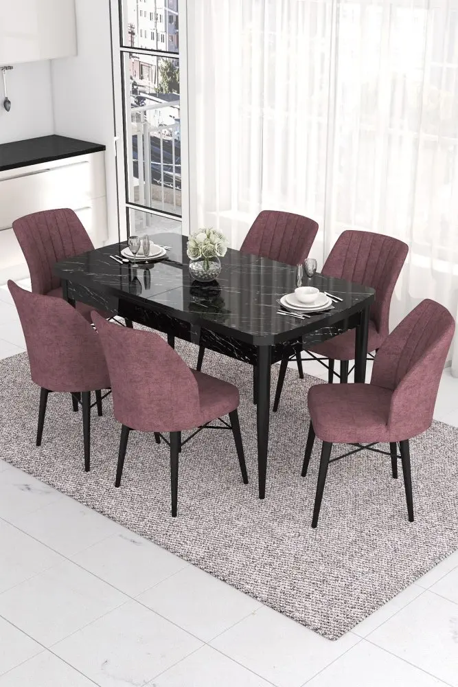 Extendable Dining Table & Chairs Set (7 Pieces) Eva - Black Marble, Dusty Rose