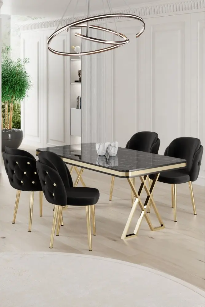 Dining Table & Chairs Set (5 Pieces) Rigel - Black Marble, Gold, Black