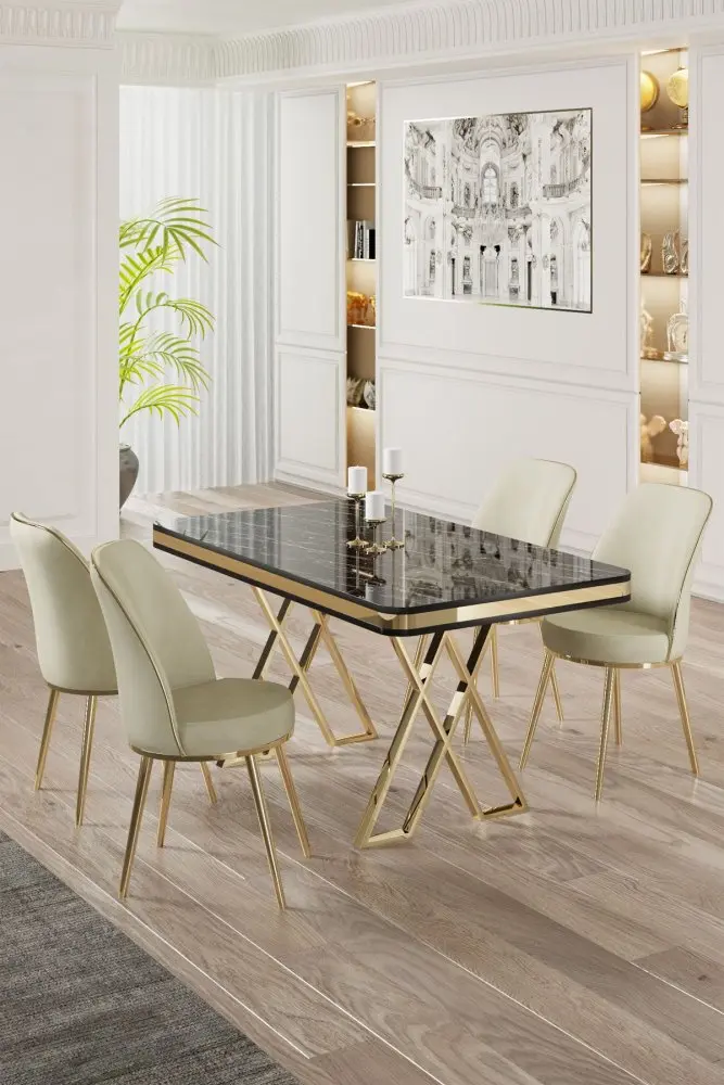 Dining Table & Chairs Set (5 Pieces) Vals - Black Marble, Gold, Cream