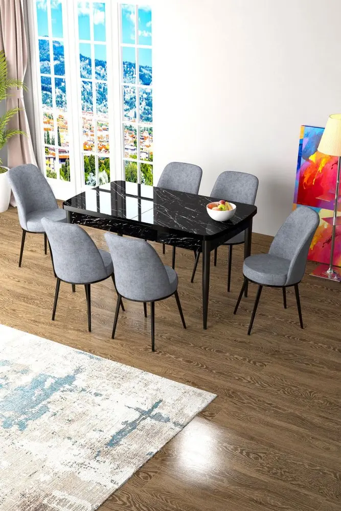 Extendable Dining Table & Chairs Set (7 Pieces) Zen - Black Marble, Grey