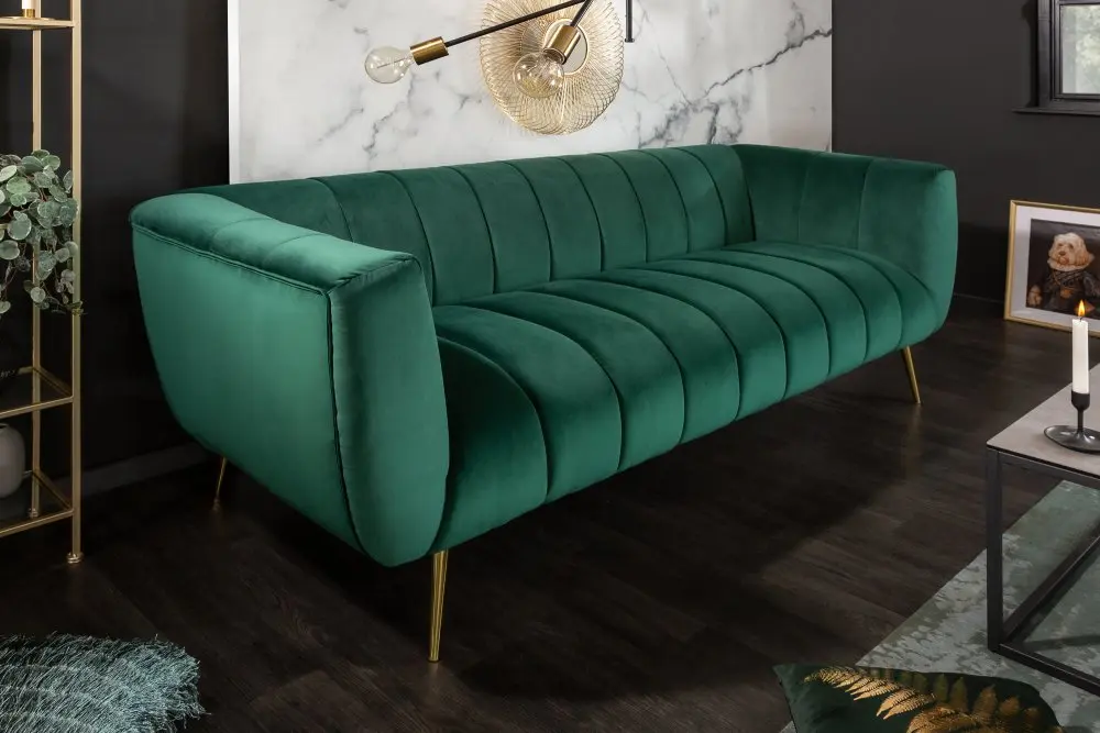Estila Art-deco sametová sedačka Vermont v zeleném prošívaném potahu 225cm