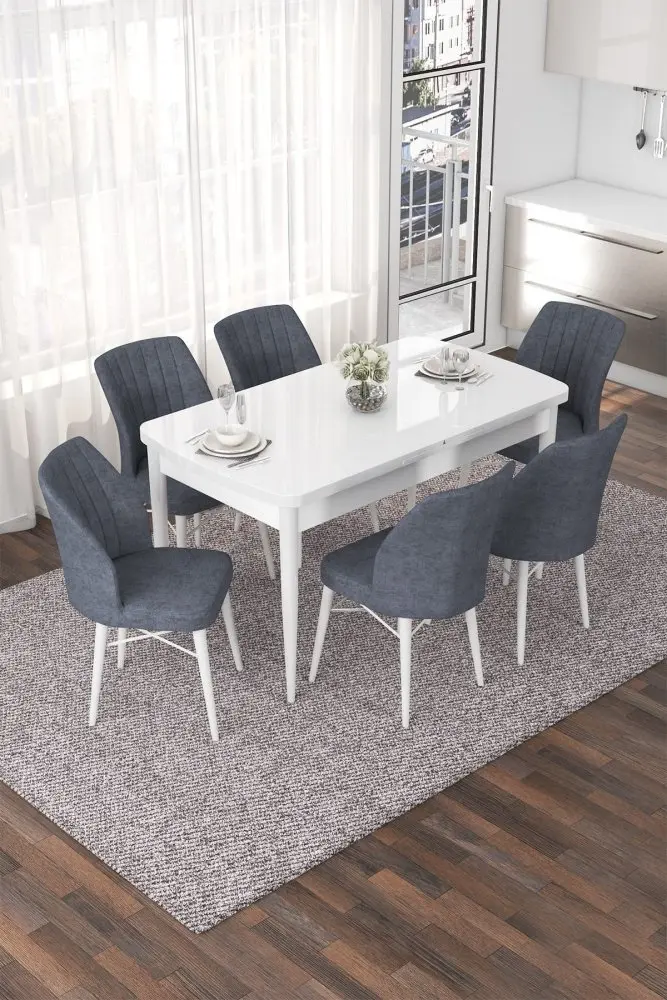 Extendable Dining Table & Chairs Set (7 Pieces) Nef - White, Fume