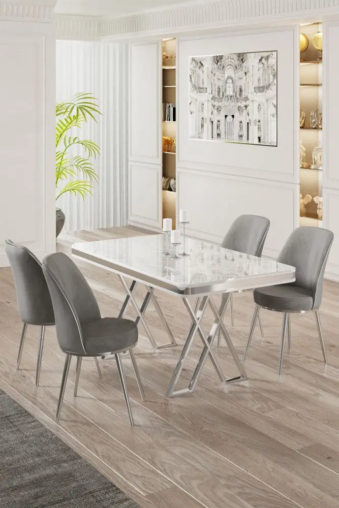 Dining Table & Chairs Set (5 Pieces) Vals - White, Chrome, Grey