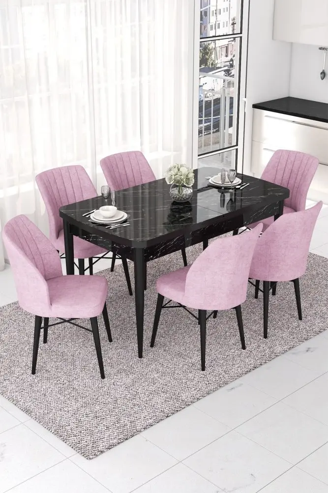 Extendable Dining Table & Chairs Set (7 Pieces) Nef - Black Marble, Pink
