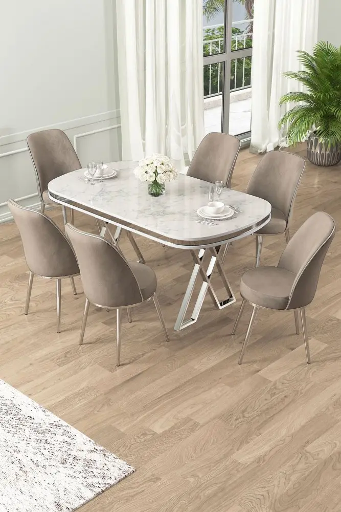 Dining Table & Chairs Set (7 Pieces) Lai - White, Chrome, Cappuccino
