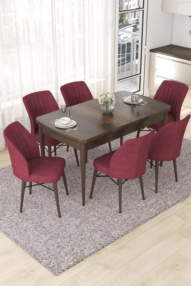 Extendable Dining Table & Chairs Set (7 Pieces) Nef - Baroque, Burgundy