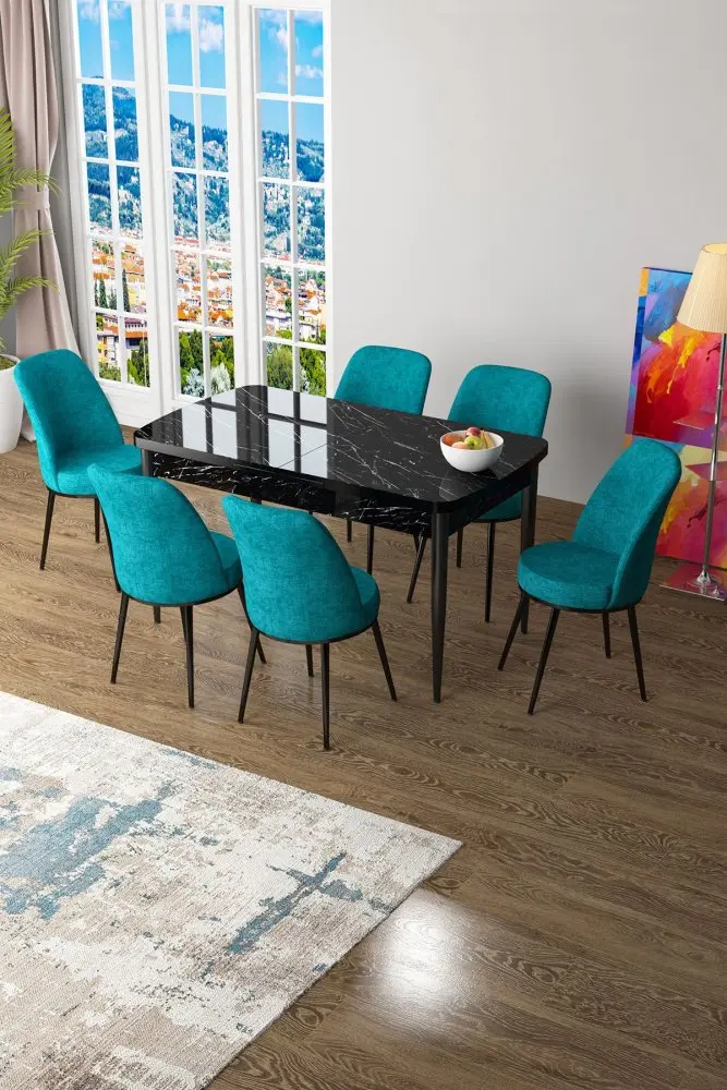 Extendable Dining Table & Chairs Set (7 Pieces) Zen - Black Marble, Turquoise