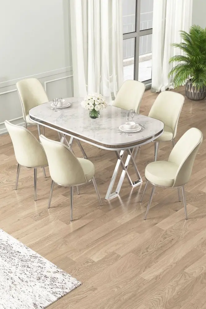 Dining Table & Chairs Set (7 Pieces) Lai - White, Chrome, Cream