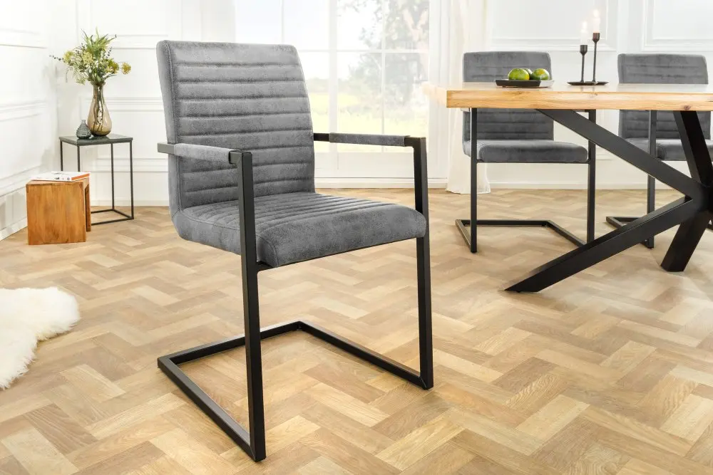 Estila Industriální kožená konzolová jídelní židle Imperial s čalouněním v šedé barvě s kovovou černou konstrukcí 90 cm