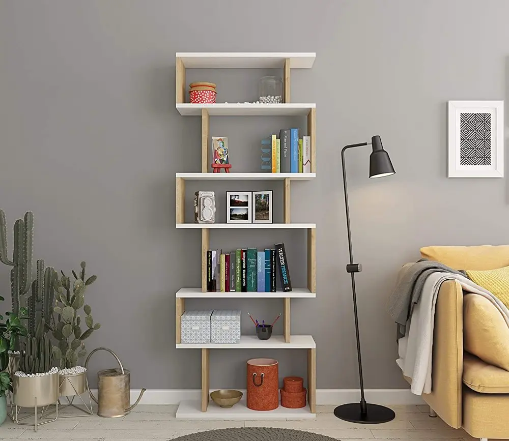 Bílá/přírodní knihovna v dekoru dubu 60x160 cm Bates – Kalune Design
