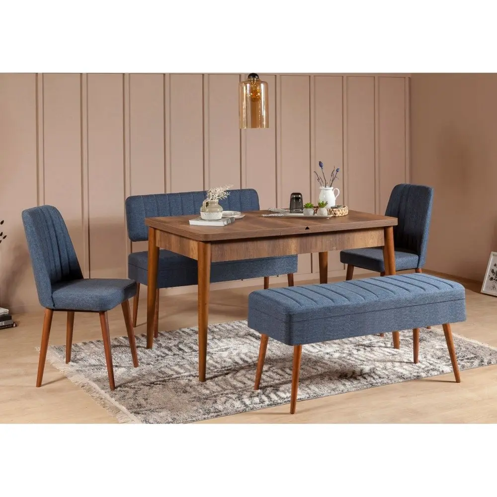 Jídelní set s rozkládacím stolem a židlemi (5 kusů) Vina 1048 - 4 - Walnut, Dark Blue