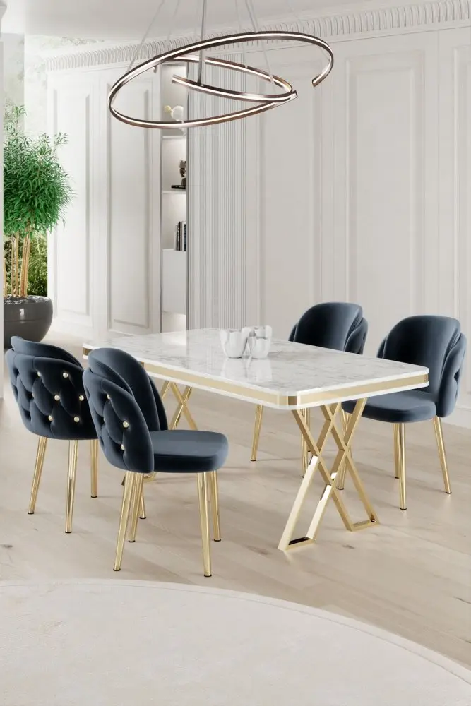 Dining Table & Chairs Set (5 Pieces) Rigel - White, Gold, Anthracite