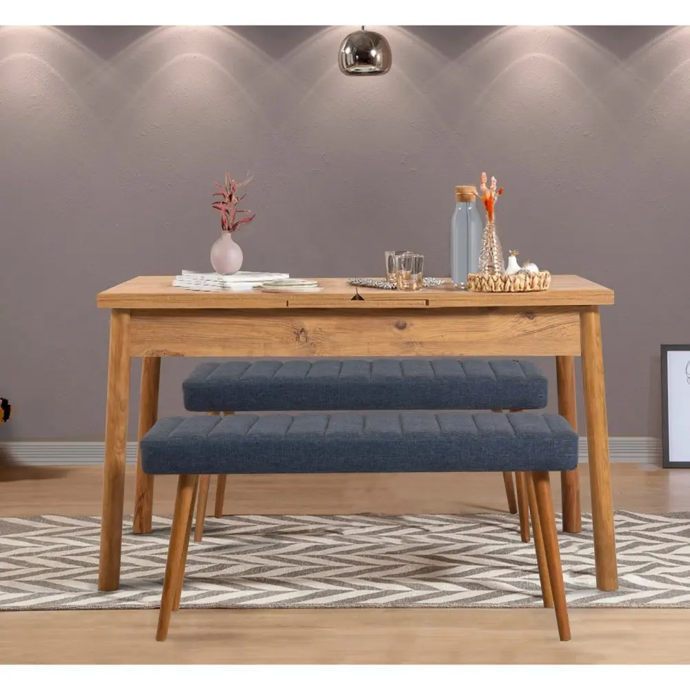 Jídelní set s rozkládacím stolem a lavicí (3 kusy) Santiago 1048 - Atlantic Pine, Dark Blue