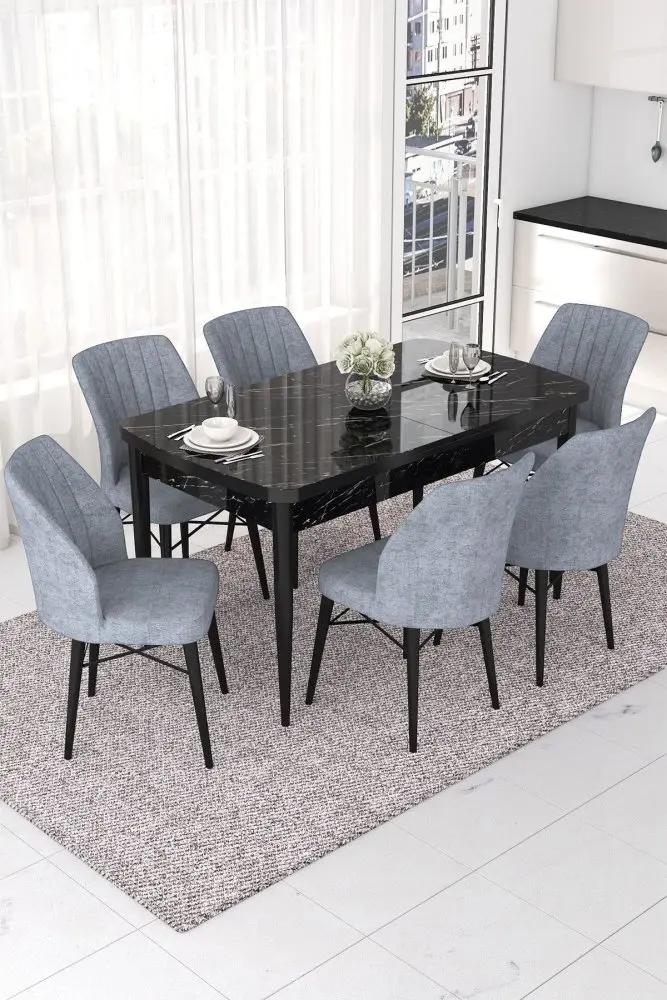 Extendable Dining Table & Chairs Set (7 Pieces) Nef - Black Marble, Grey