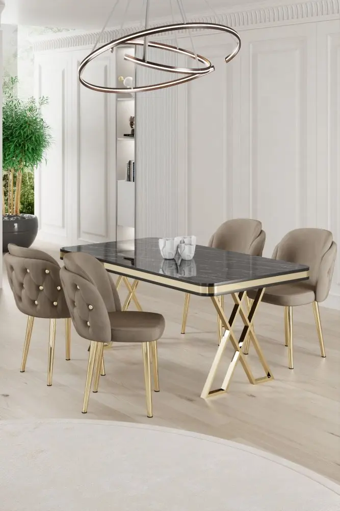 Dining Table & Chairs Set (5 Pieces) Rigel - Black Marble, Gold, Cappuccino