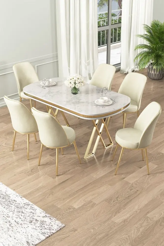 Dining Table & Chairs Set (7 Pieces) Lai - White, Gold, Cream