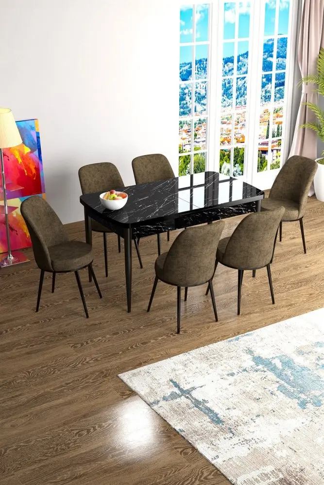 Extendable Dining Table & Chairs Set (7 Pieces) Han - Black Marble, Brown