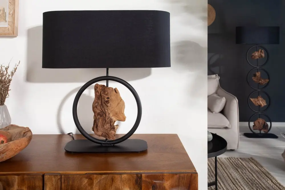 Estila Moderní černá stolní lampa Elements s dřevěnými prvky 58cm