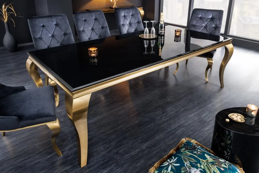 Estila Barokní jídelní stůl Gold Barock v moderním stylu zlatá konstrukce a černé opálové sklo 200cm