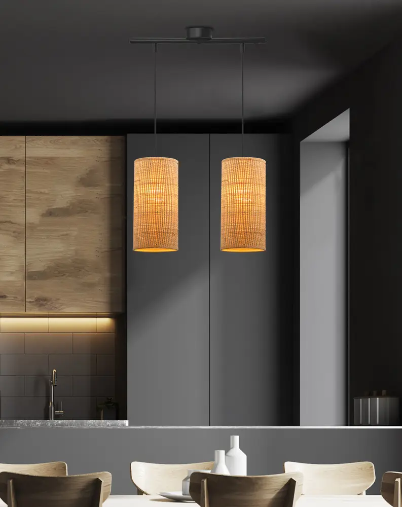 Závěsná lampa Fleri černá 2x60 e27 stínidlo 12x25 béžový ratan