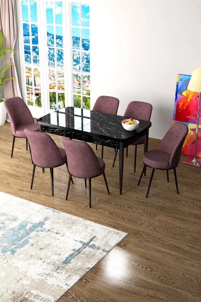 Extendable Dining Table & Chairs Set (7 Pieces) Zen - Black Marble, Dusty Rose
