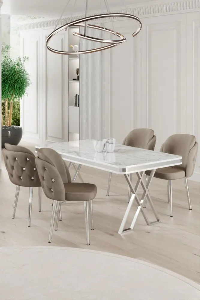 Dining Table & Chairs Set (5 Pieces) Rigel - White, Chrome, Cappuccino