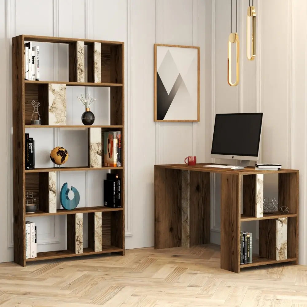 Psací stůl s knihovnou Lima - Walnut, White Marble