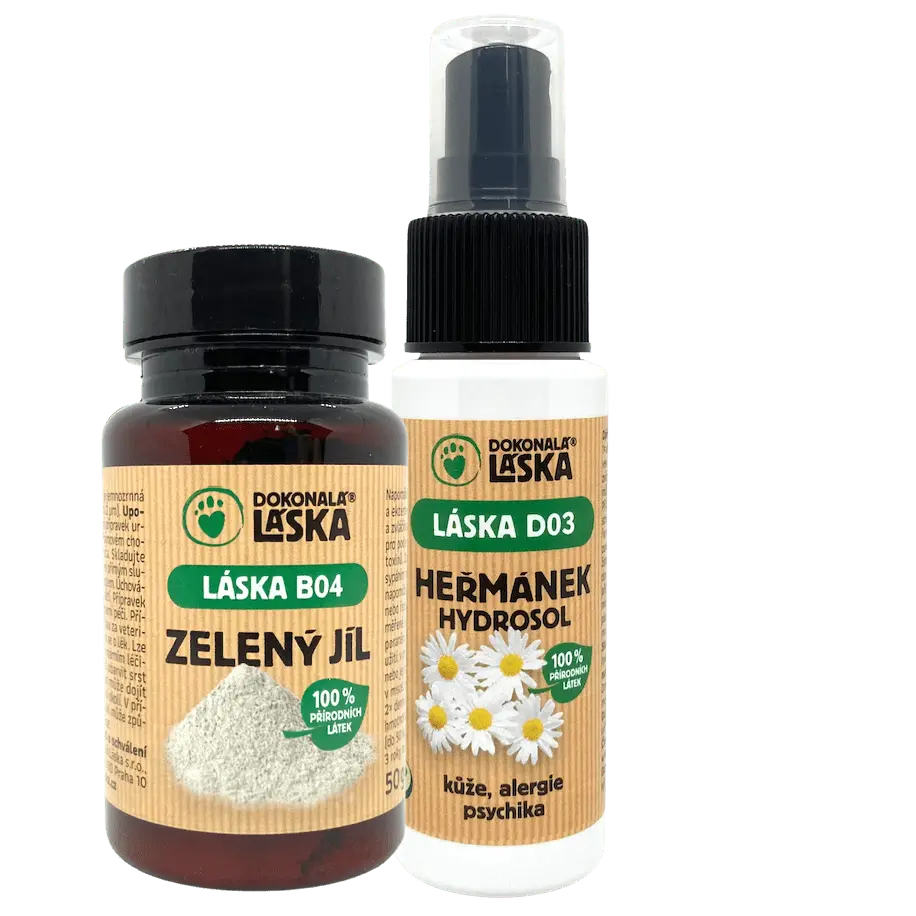 Dokonalá Láska Srst a kůže - zvýhodněný set - Zelený jíl 50 g + Heřmánek hydrosol - 50 ml
