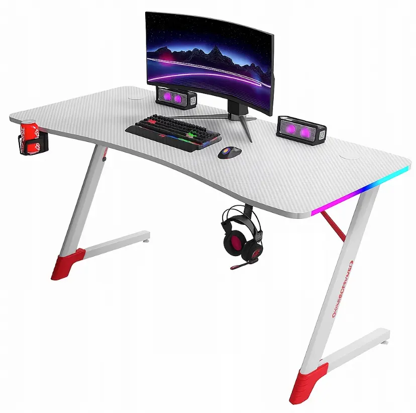 Bílý herní stůl, PC stůl s RGB LED osvětlením Šírka: