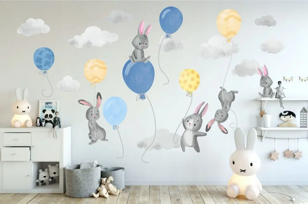Velká nálepka na zeď modře žlutá zajíčková a balóny 100 x 200 cm