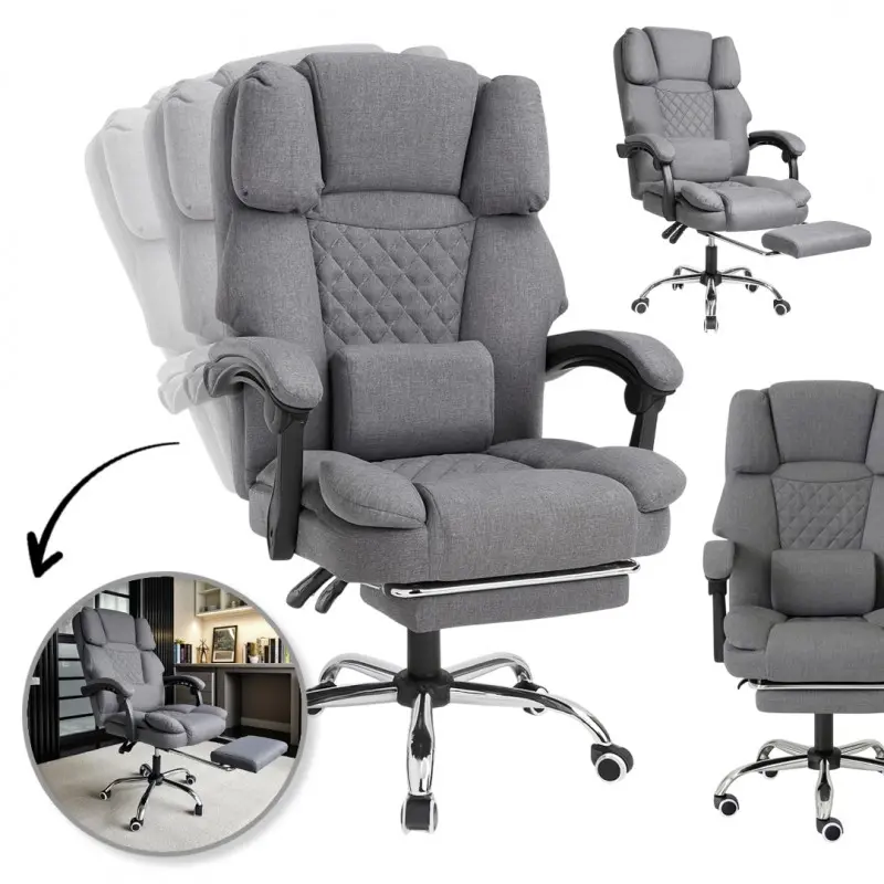 Ergonomická kancelářská židle s opěrkou nohou a masážní péčí - šedá látka