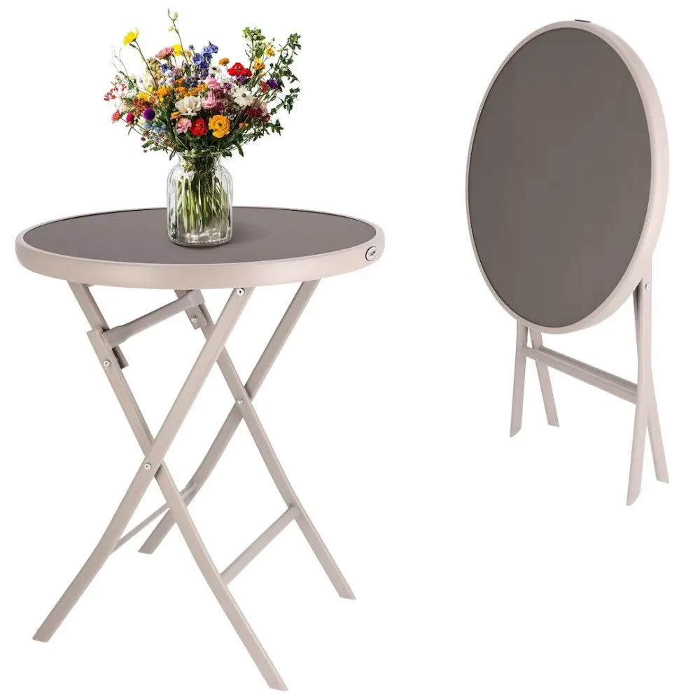 Skládací béžový kovový stůl na balkony a terasy, 60 cm, se skleněnou deskou