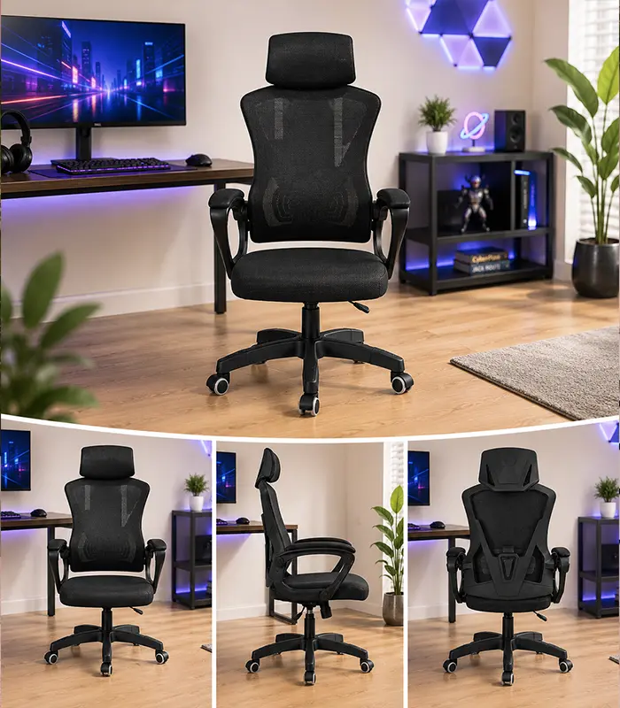 Ergonomická kancelářská židle s opěrkou hlavy a síťovaným opěradlem, černá