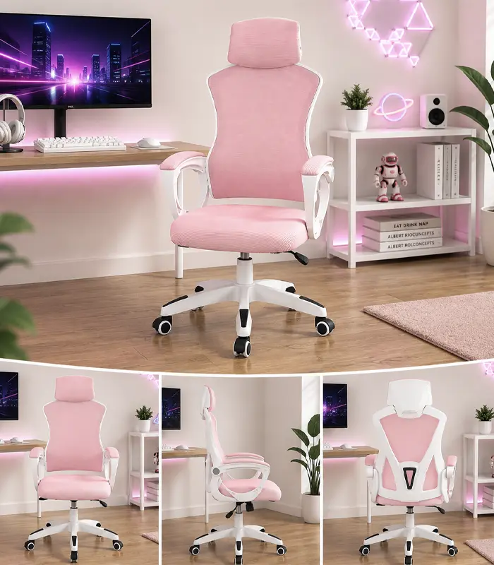 Ergonomická kancelářská židle s opěrkou hlavy a síťovaným opěradlem – růžová