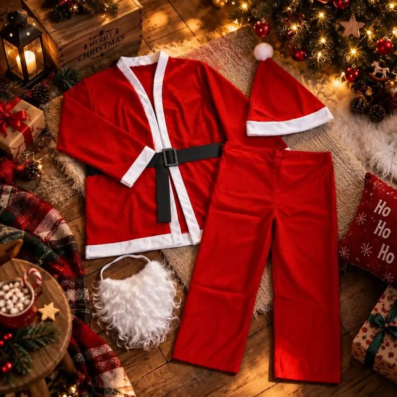 Kostým Santa Clause – 5dílná vánoční sada s plnovousem, čepicí a páskem