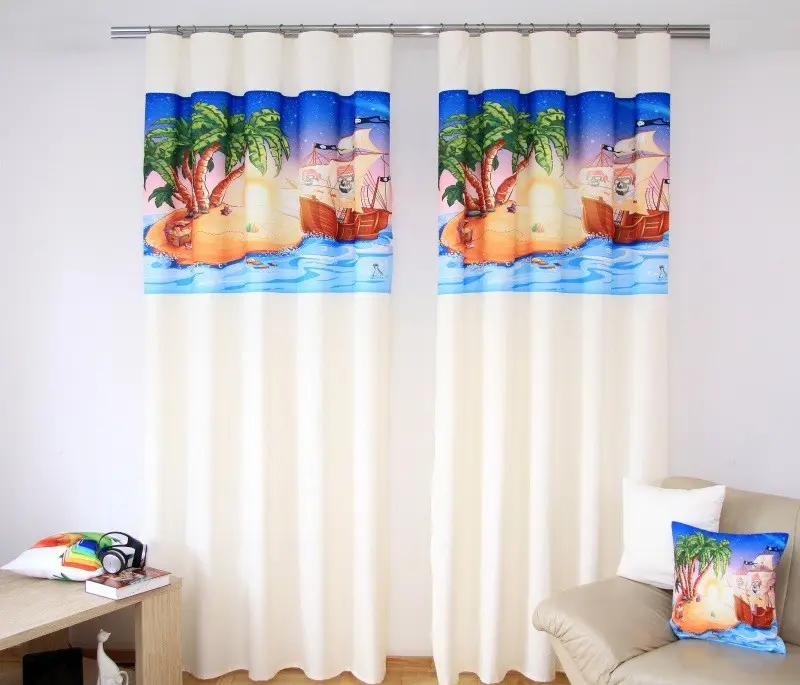 Krémově modré závěsy do dětského pokoje s pohádkovým potiskem Šířka: 160 cm | Délka: 250 cm (v sadě jsou 2 kusy)